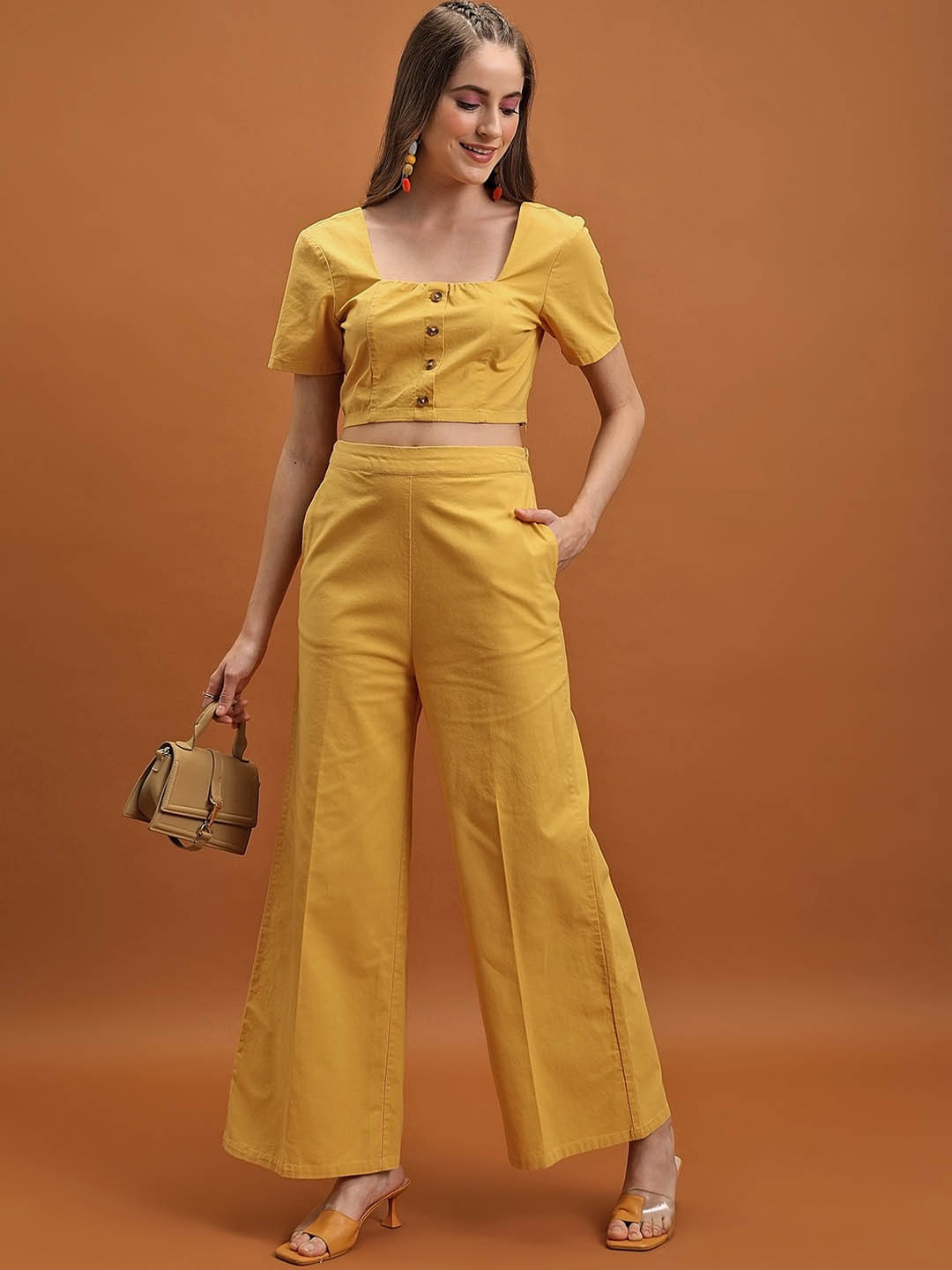 

Tokyo Talkies Yellow Pure Cotton Square Neck Crop Top With Flared Trousers Co-Ords