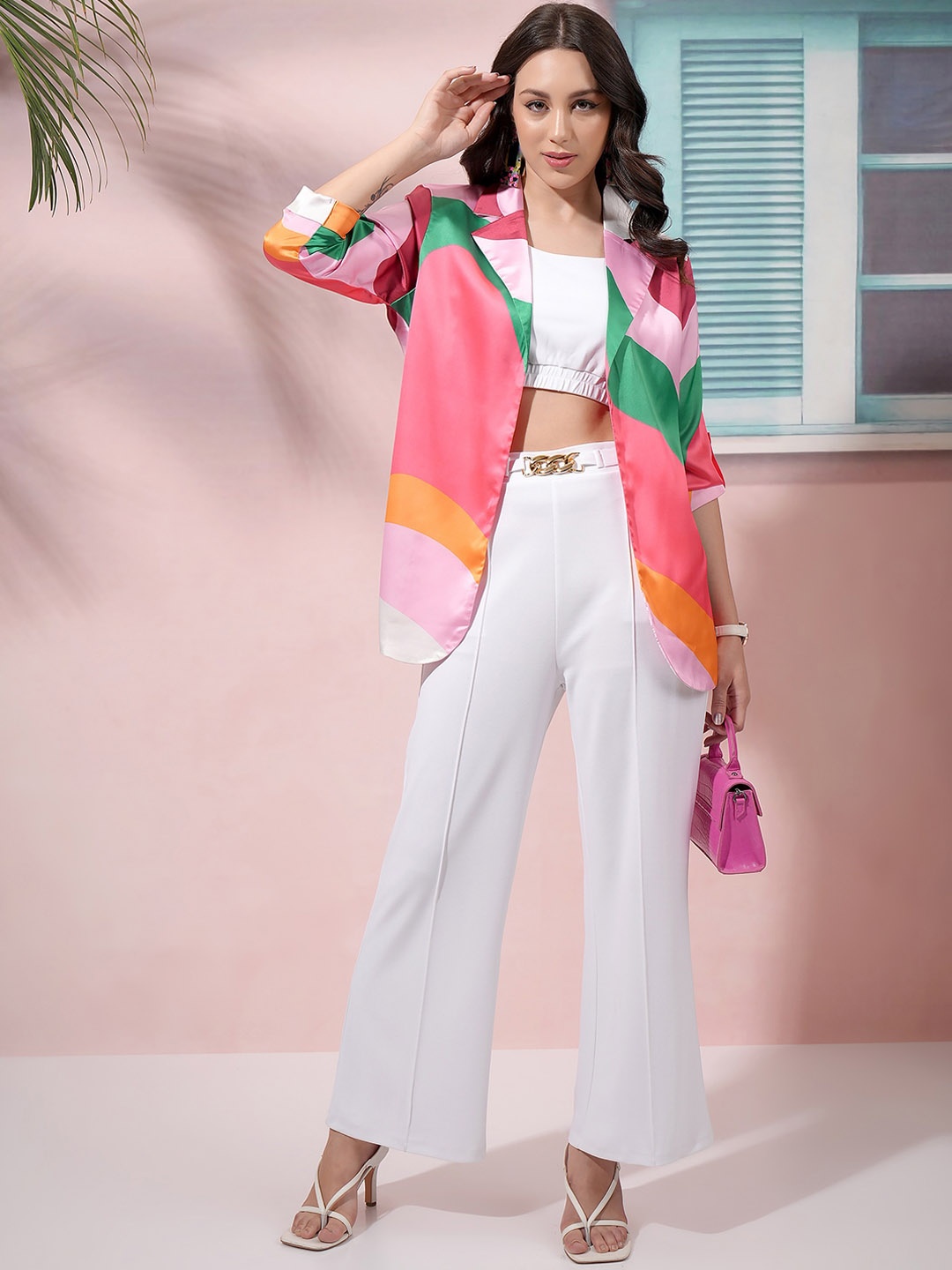 

Tokyo Talkies Printed Round Neck Top With Flared Trouser With Blazer Co-Ords, White