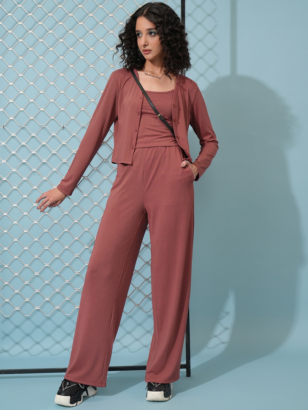 

Tokyo Talkies Ribbed Top & Trouser with Cardigan Co-Ord Set, Rose