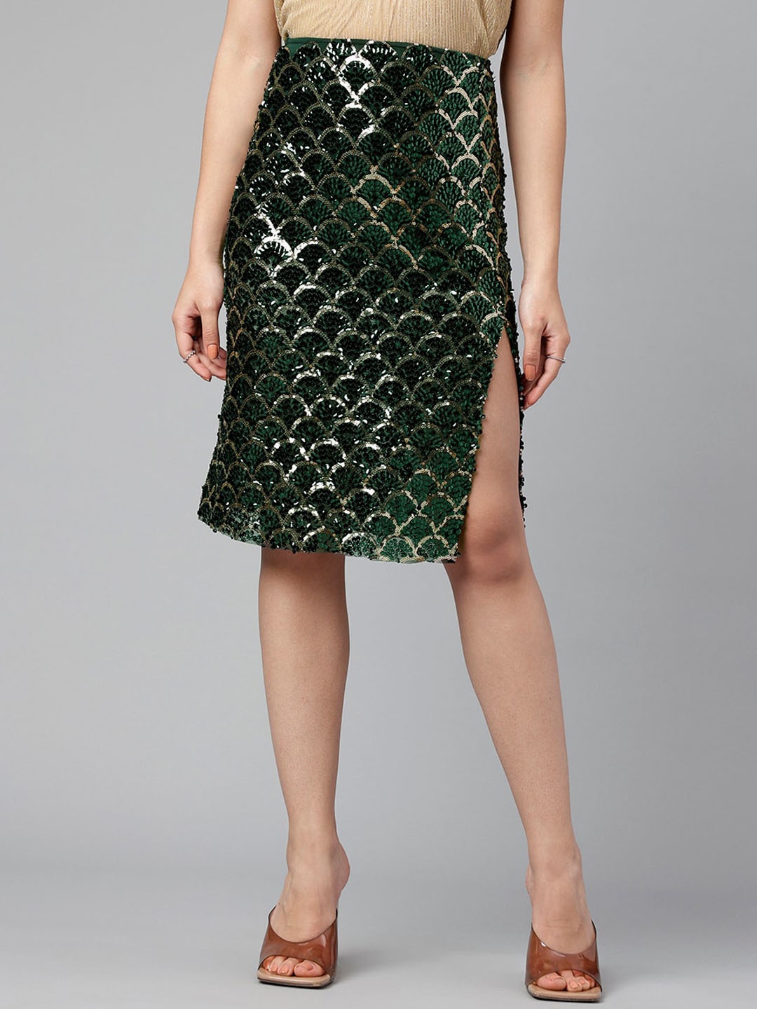 

I Love She Printed Side-Slit A-Line Knee Length Skirt, Green