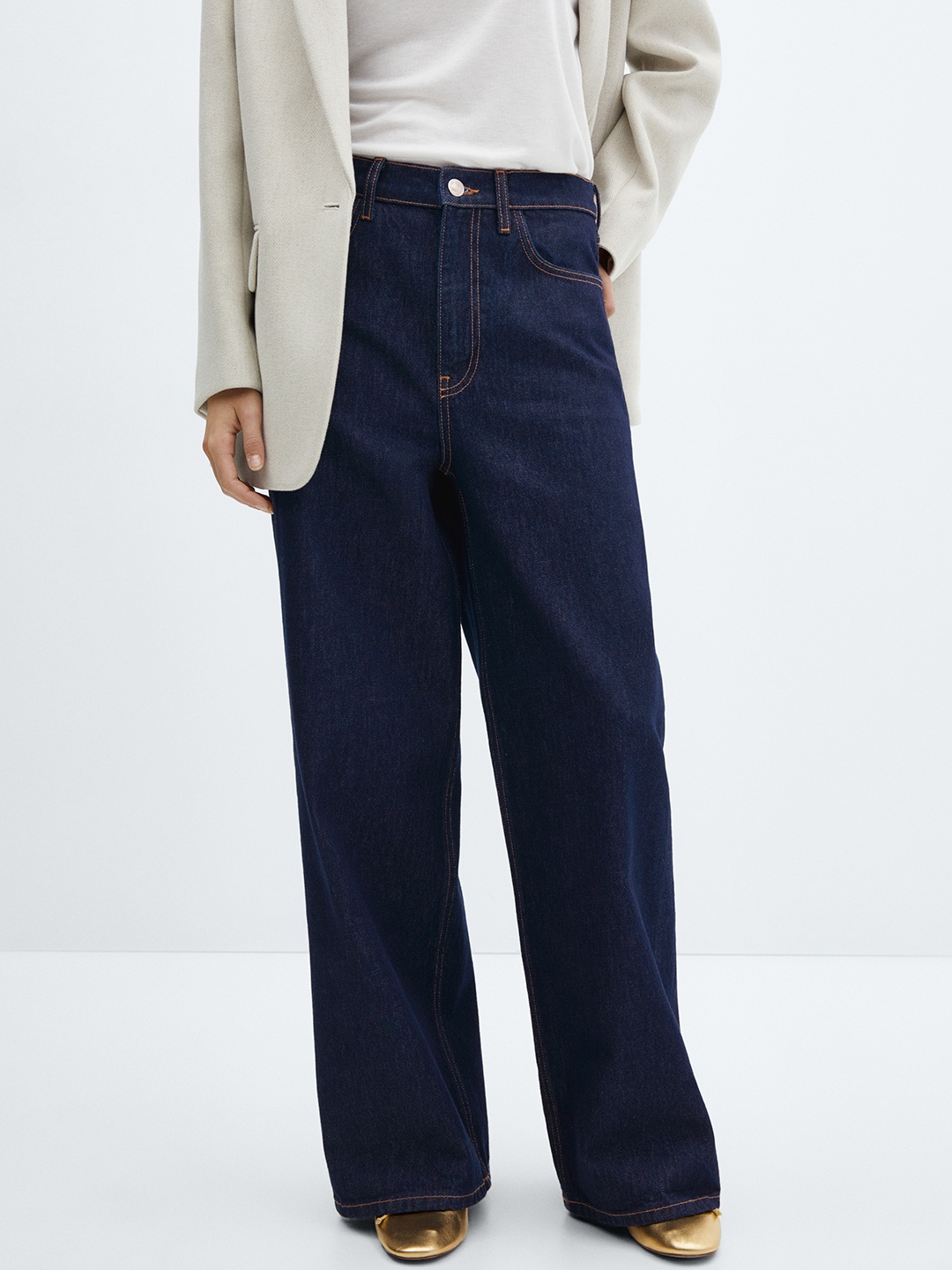 

MANGO Wide Leg Pure Cotton Stretchable Jeans, Navy blue