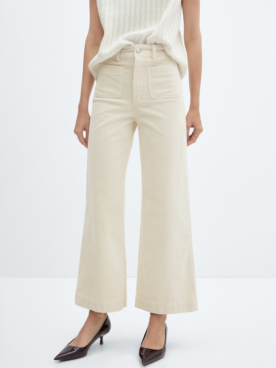 

MANGO Women Wide Leg Stretchable Corduroy Jeans, Off white