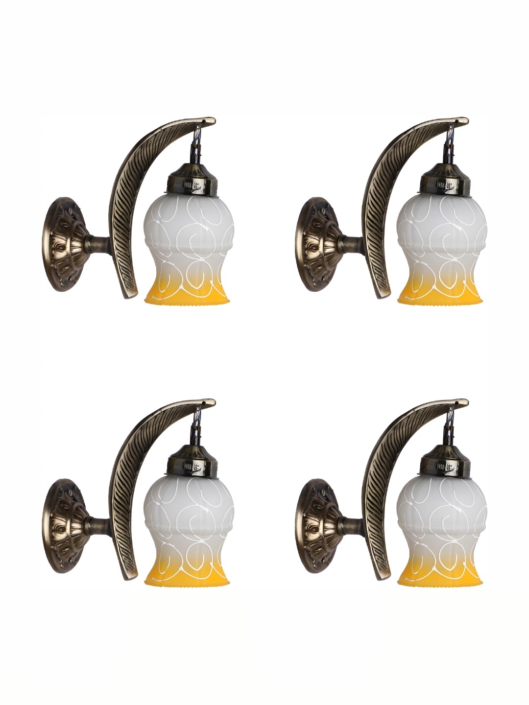 

1ST TIME White & Yellow 4 Pieces Printed Glass Bell Shaped Contemporary Wall Lamps