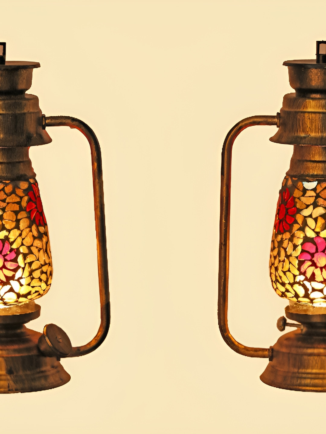 

1ST TIME Gold-Toned & Red 2 Pieces Textured Glass Traditional Lantern Shaped Wall Lamps