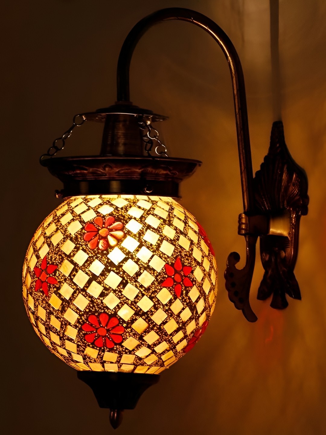 

1ST TIME White & Gold-Toned Printed Glass Traditional Spherical Shaped Wall Lamp