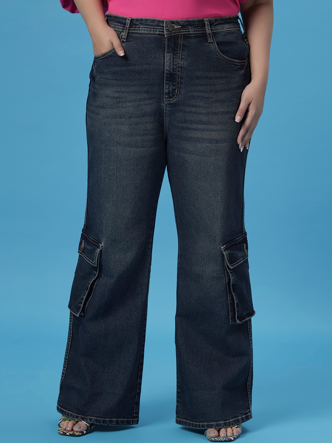 Turning Blue Women Plus Size Flared Leg Cargo Jeans