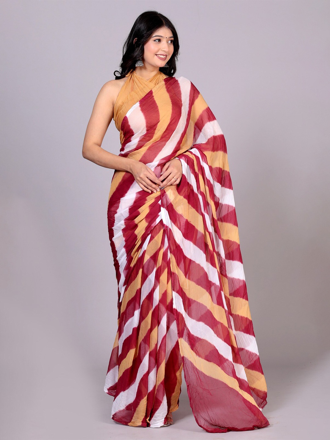 

VL SAREES Striped Pure Chiffon Leheriya Saree, Beige
