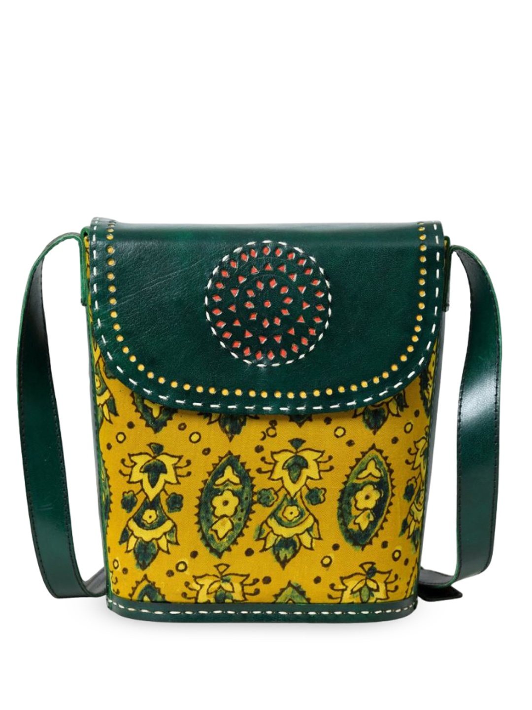 

MaheTri Printed Leather Structured Sling Bag, Green