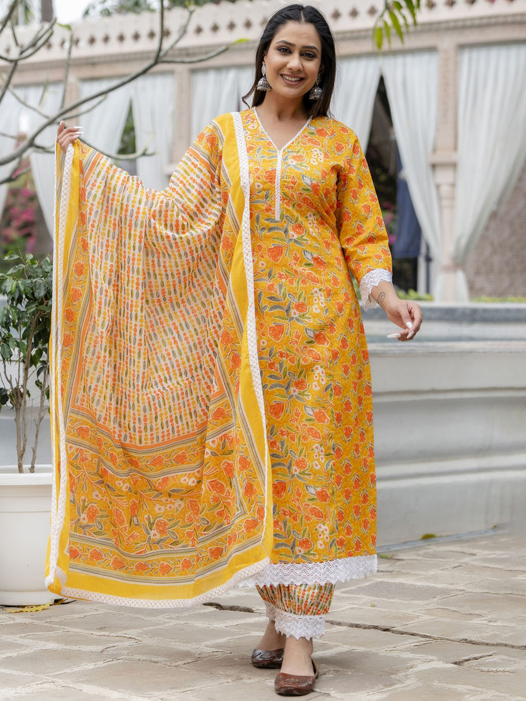 

Rangeelo Floral Printed Pure Cotton Straight Kurta With Salwar & Dupatta, Orange