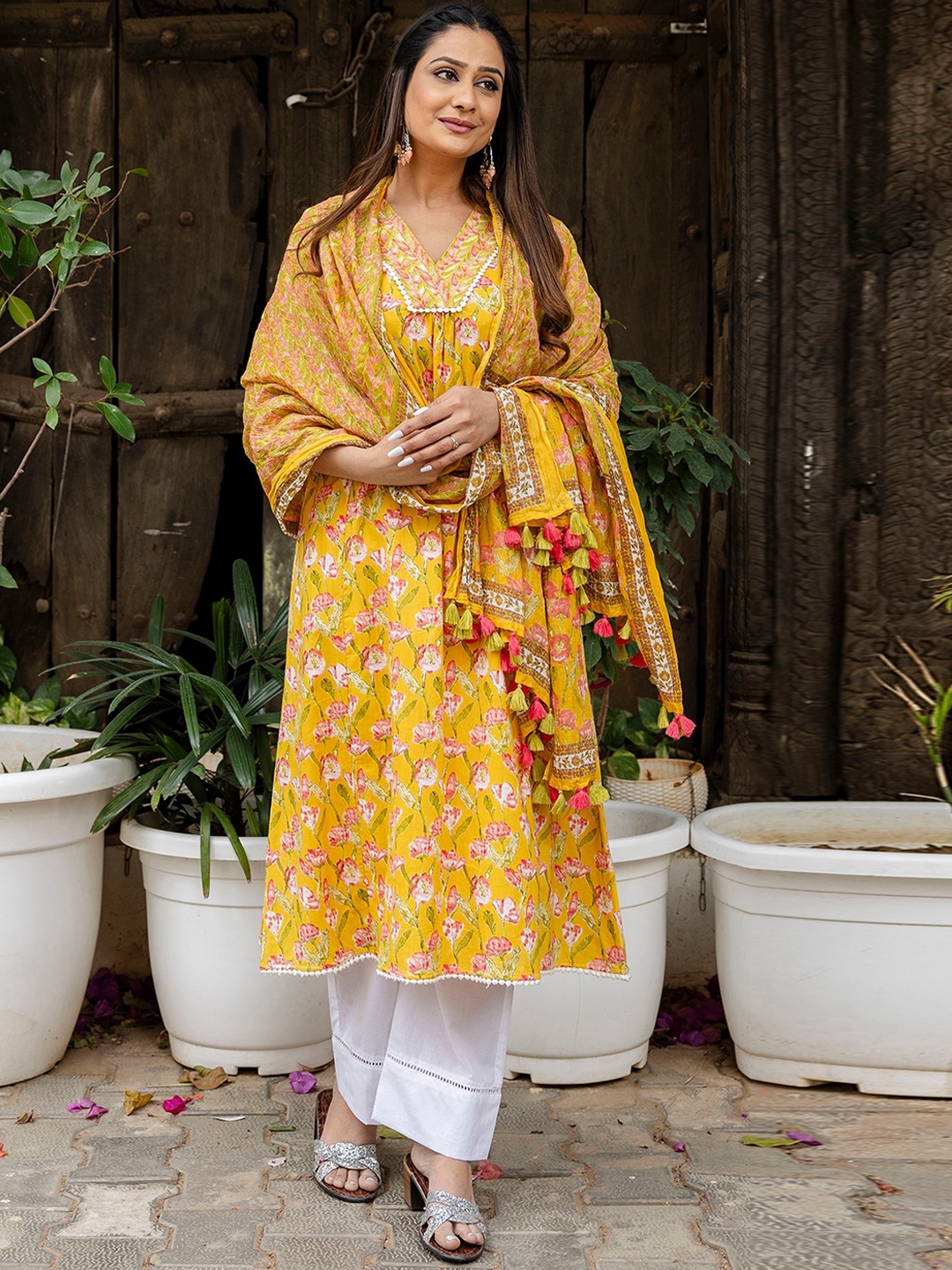 Rangeelo Floral Printed V-Neck Pure Cotton A-Line Kurta With Trousers & Dupatta, Yellow
