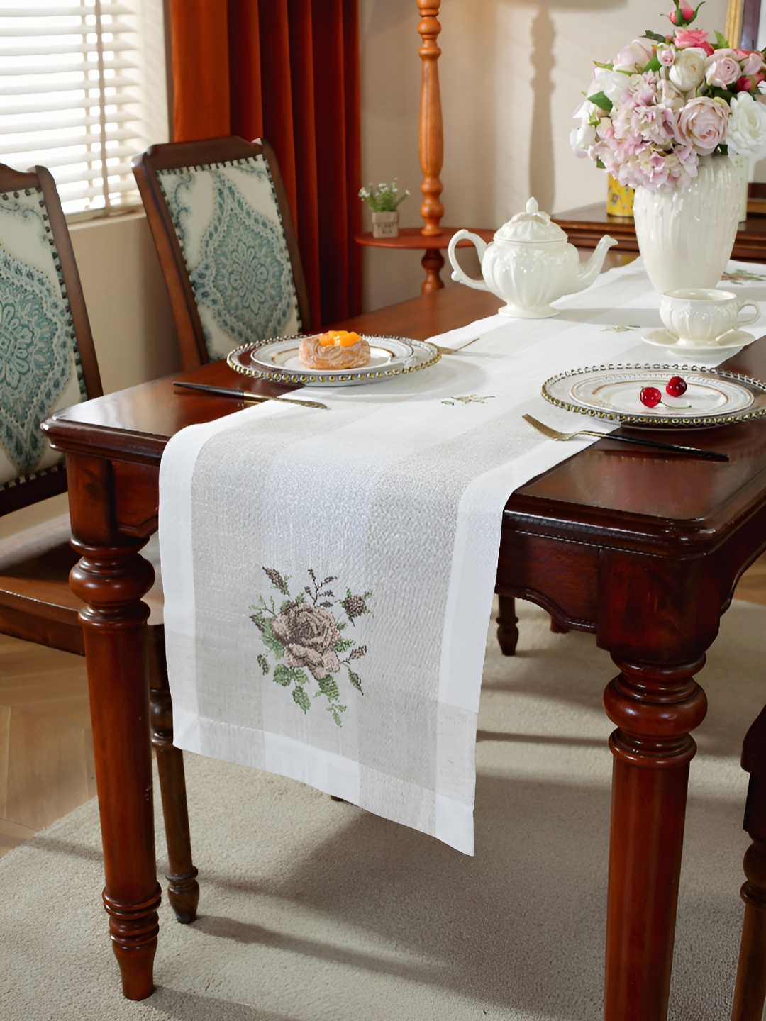 MONKDECOR White & Brown Embroidered Table Runner