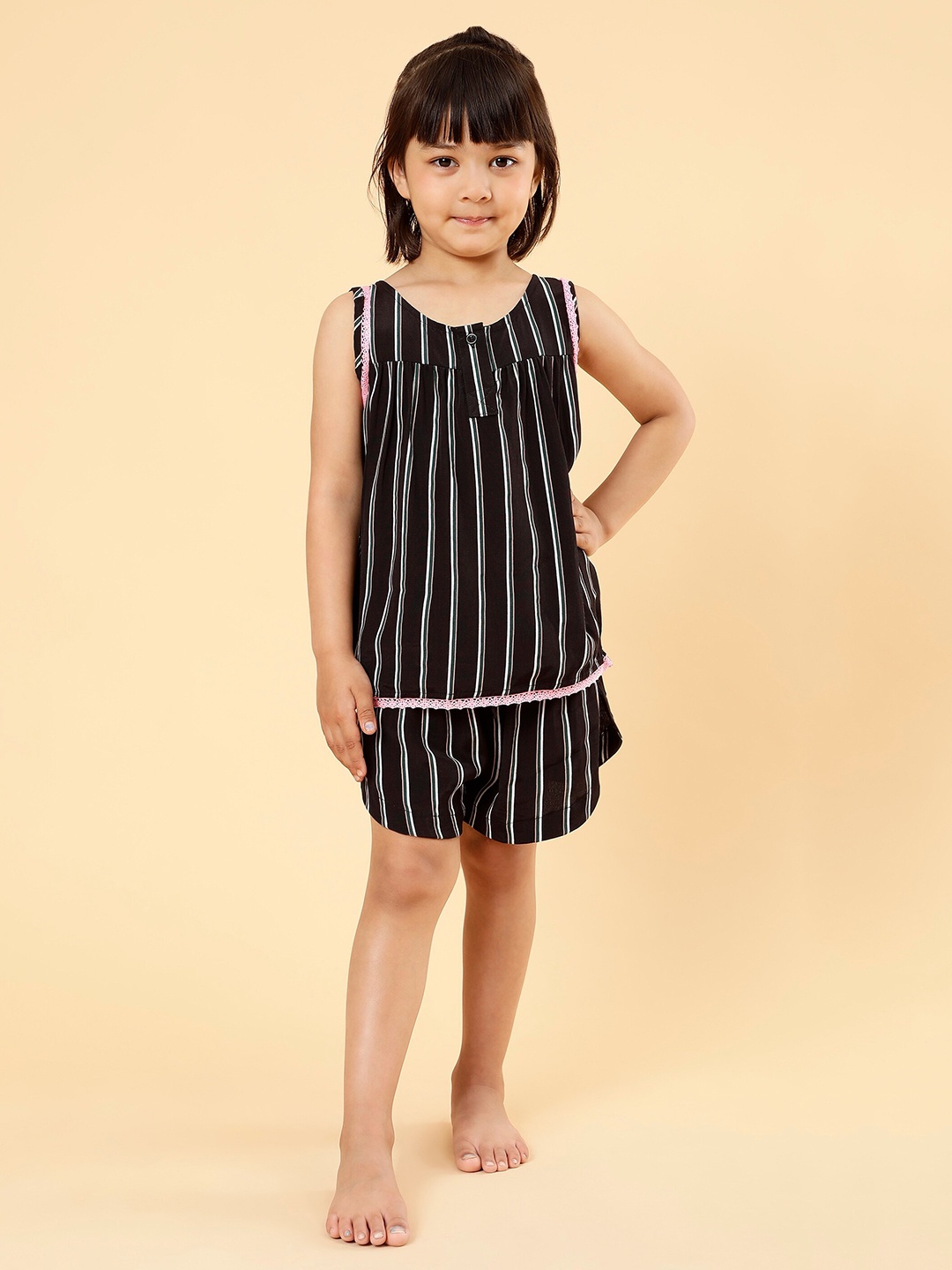 

Biglilpeople Girls Round Neck Striped Top with Shorts, Black