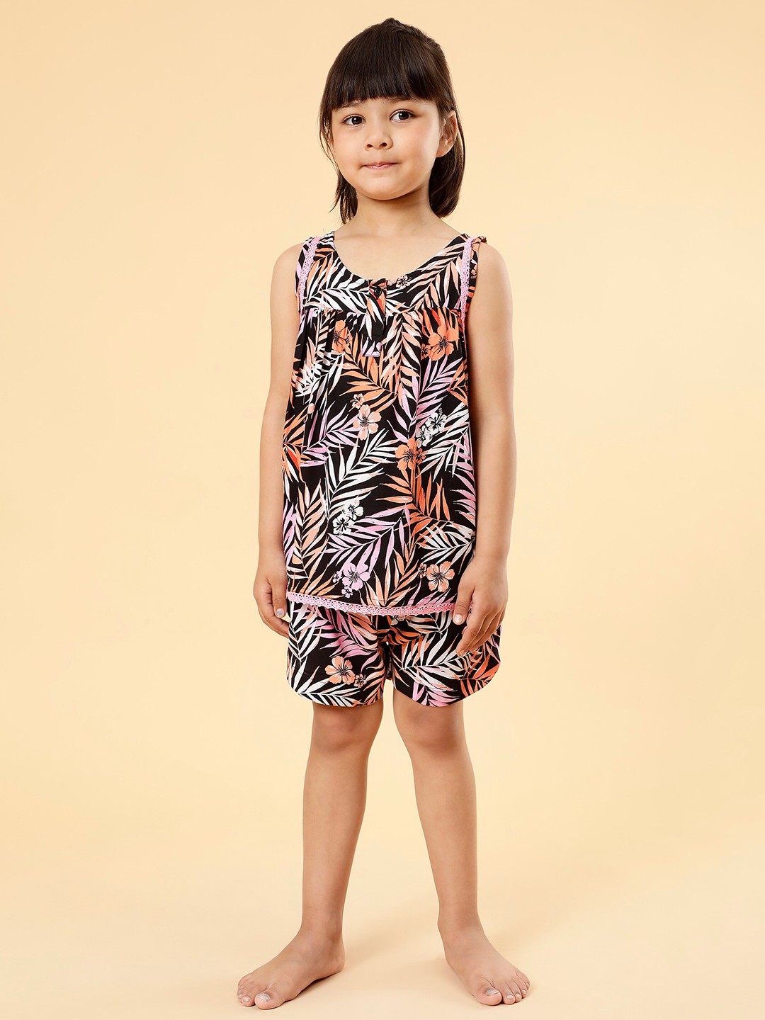 Biglilpeople Girls Tropical Printed Top With Shorts, Black