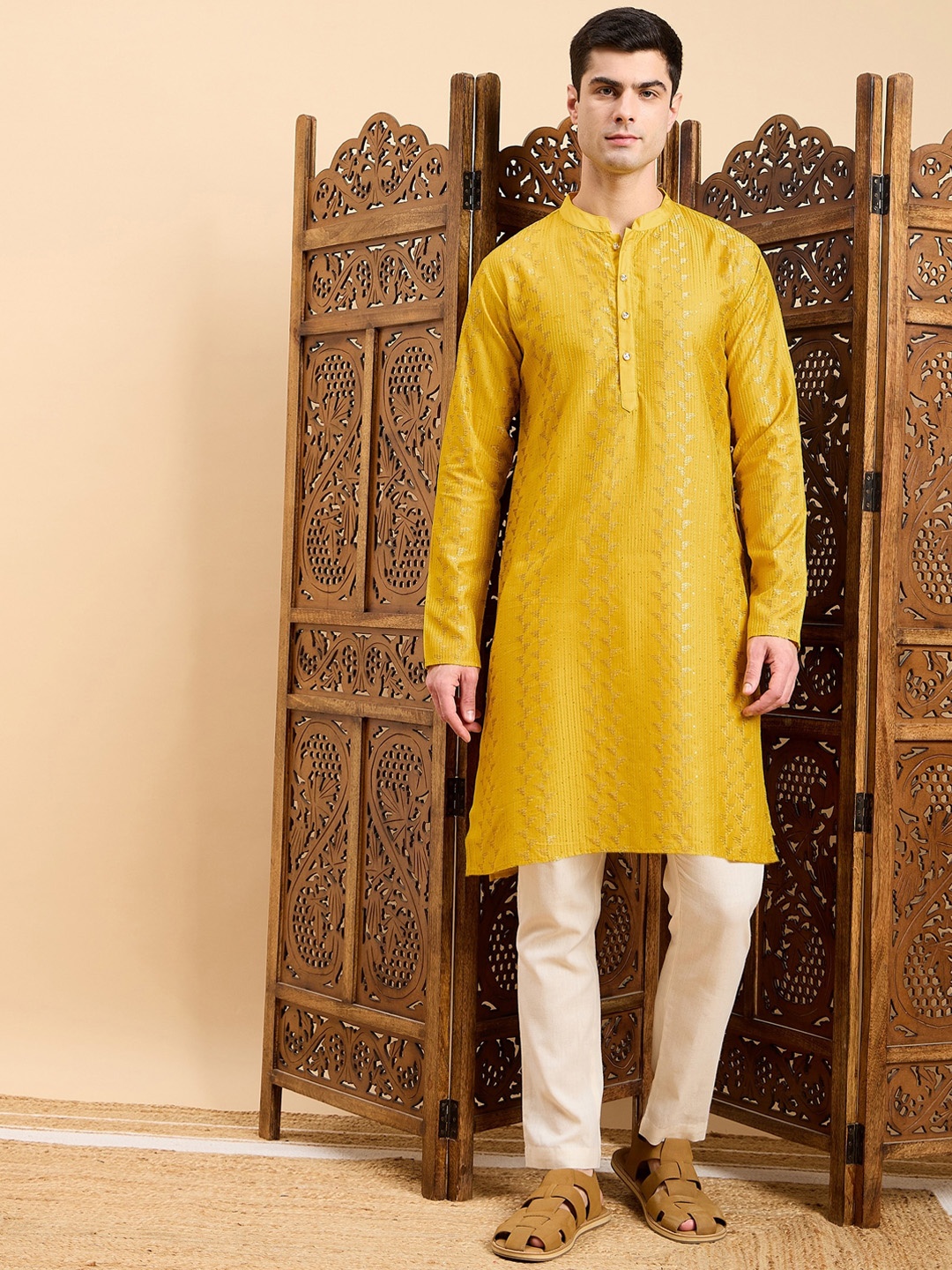 

Inddus Striped Embroidered Mandarin Collar Straight Kurta, Mustard