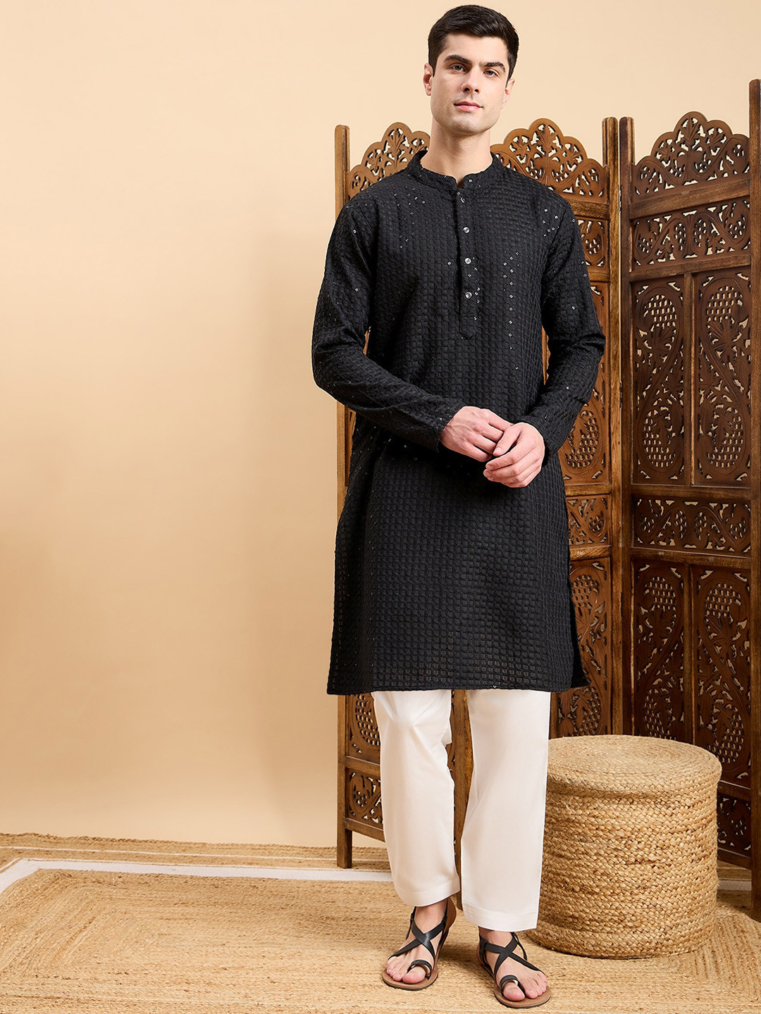 

Inddus Checked Embroidered Mandarin Collar Straight Kurta, Black