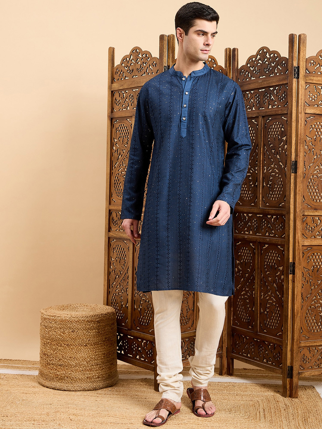 

Inddus Striped Embroidered Mandarin Collar Straight Kurta, Navy blue
