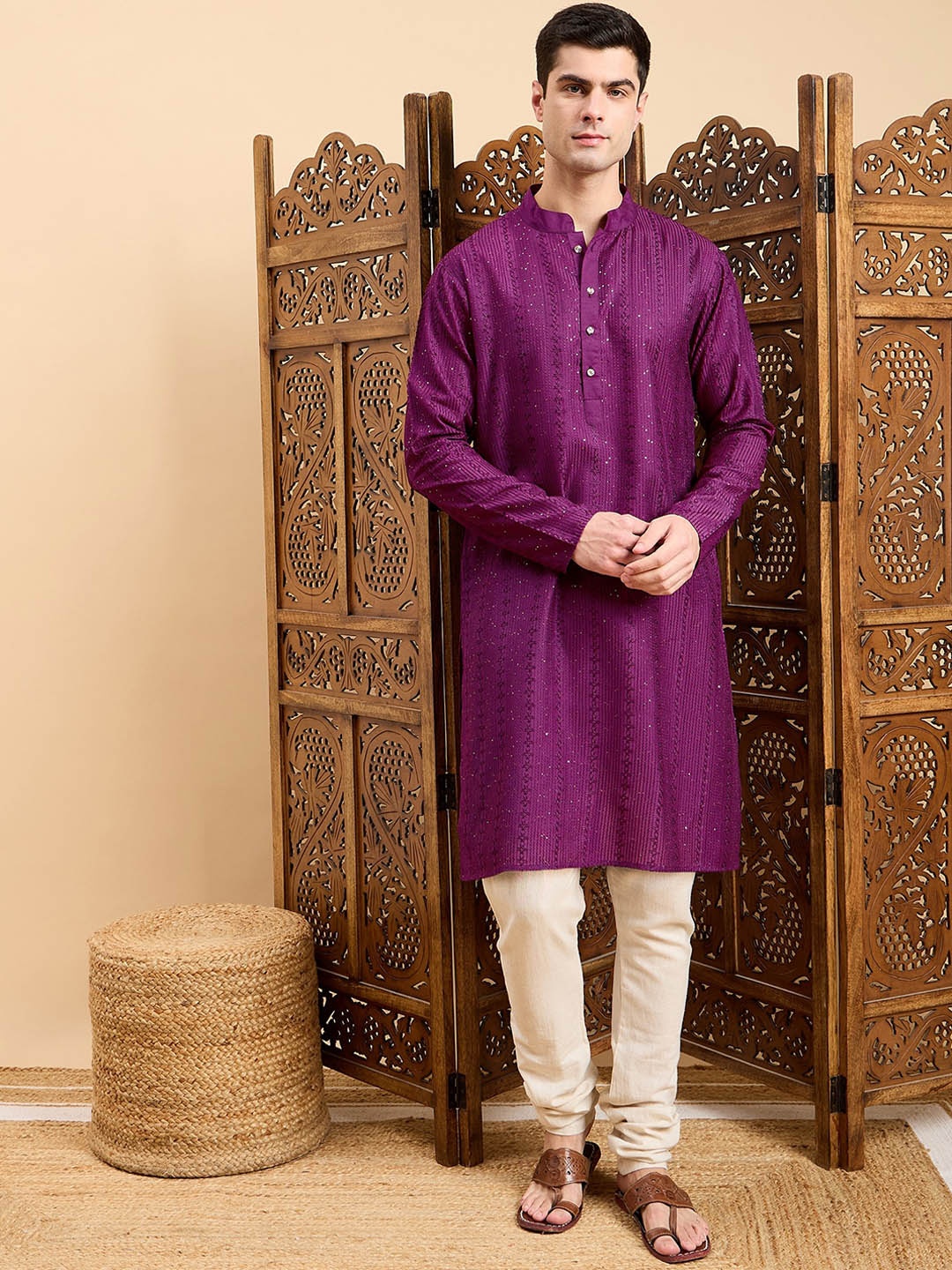 

Inddus Striped Embroidered Mandarin Collar Straight Kurta, Purple