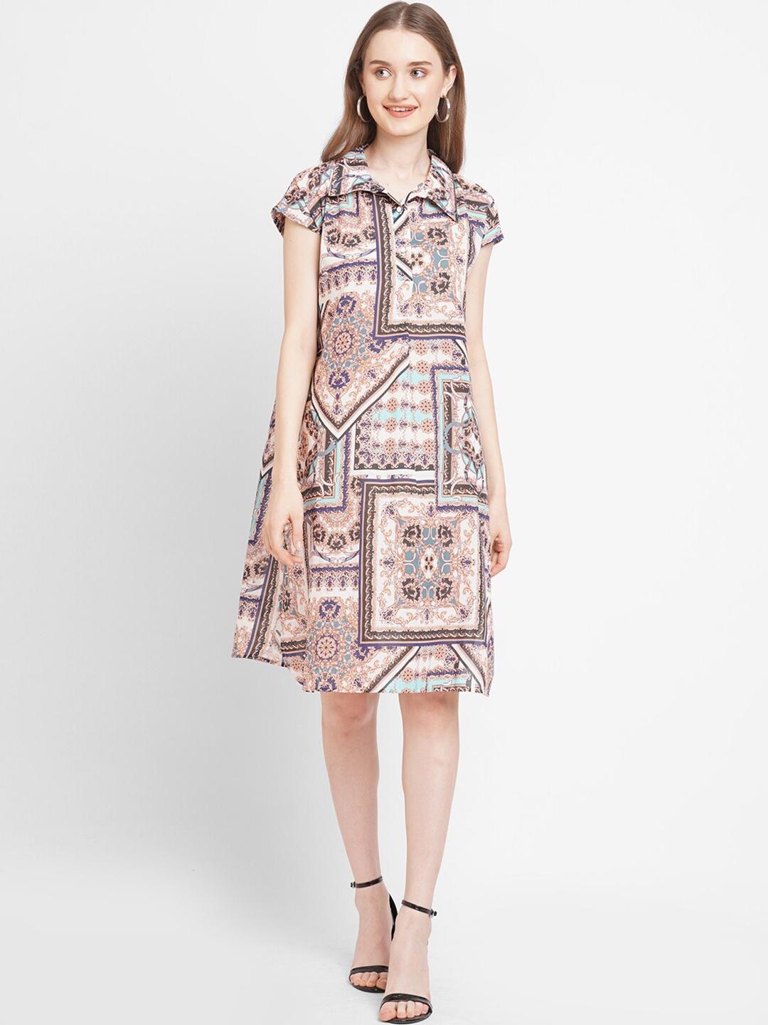 Cloth Haus India Printed Pure Cotton A-Line Dress, Blue