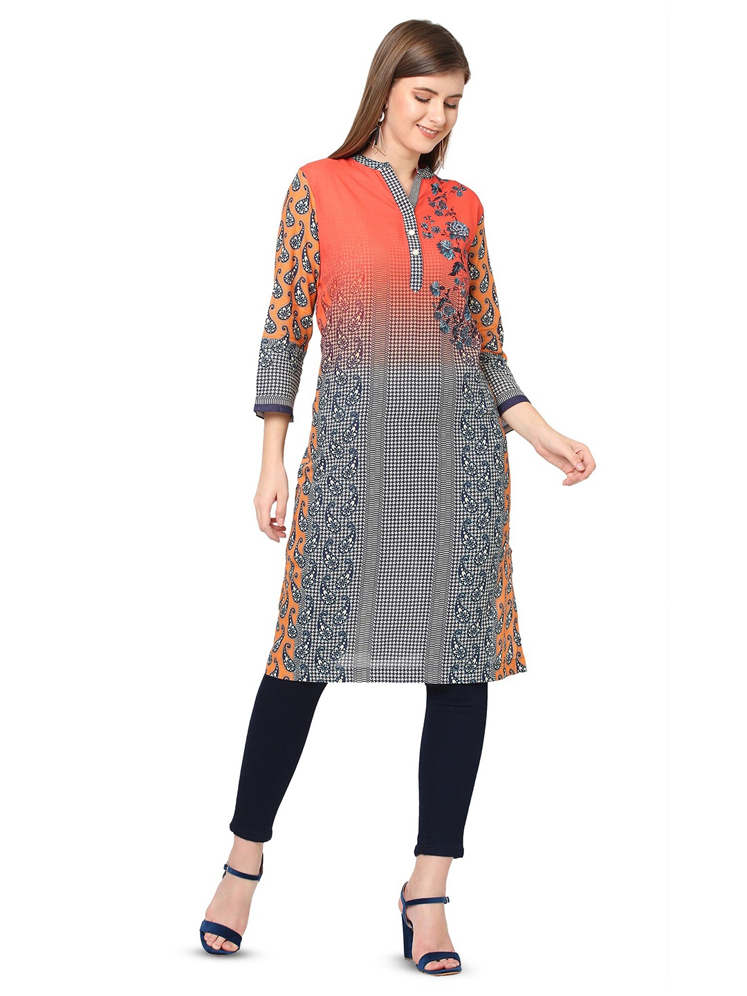 

Cloth Haus India Floral Printed Mandarin Collar Straight Kurta, Peach