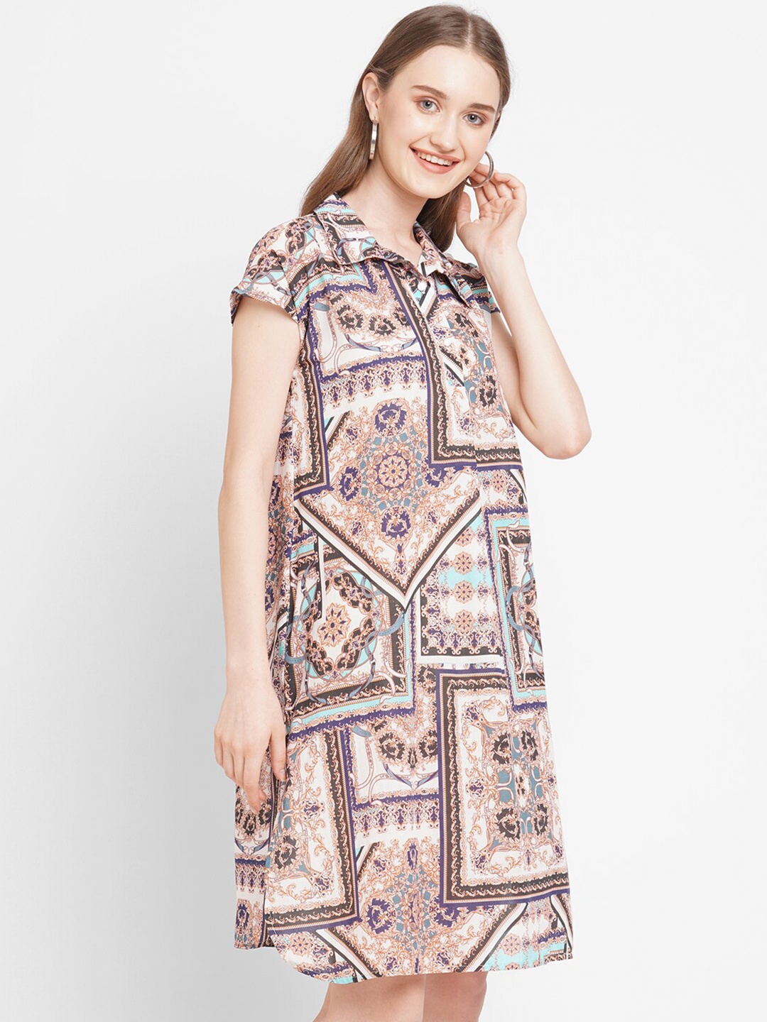 Cloth Haus India Printed Pure Cotton A-Line Dress, Blue
