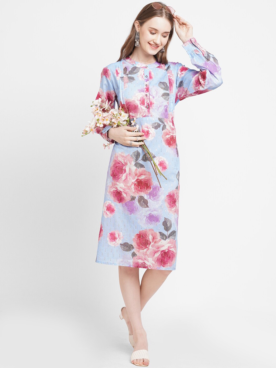 Cloth Haus India Floral Printed Pure Cotton A-Line Kurta, Blue