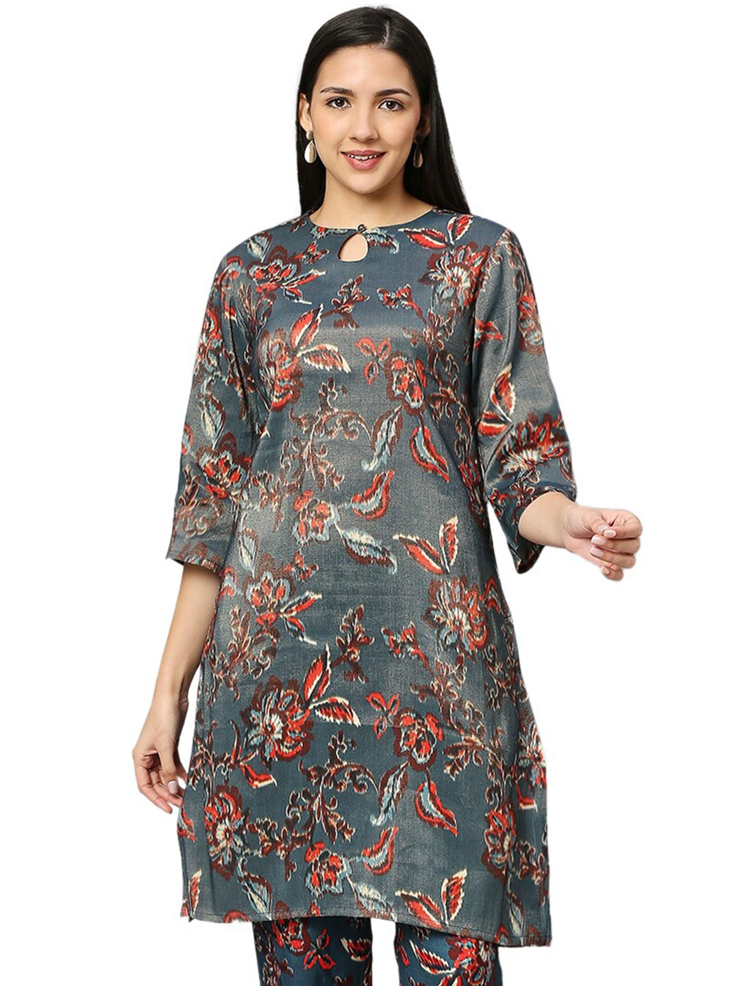 

Cloth Haus India Floral Printed Keyhole Neck Straight Kurta, Teal