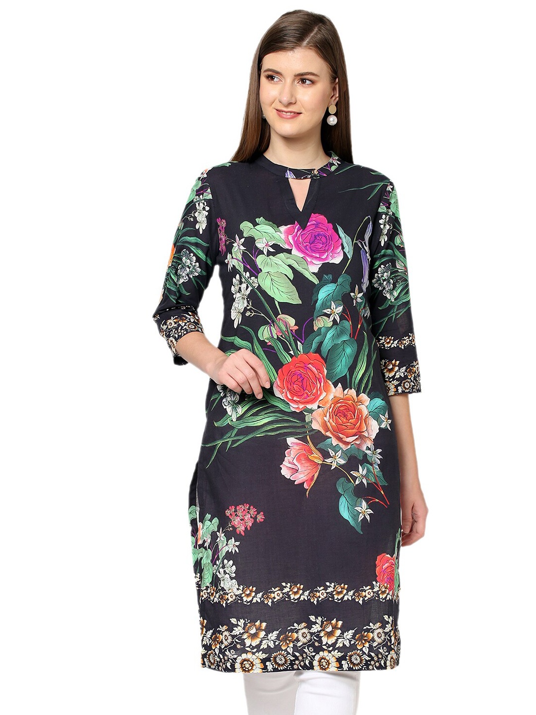 Cloth Haus India Floral Printed Cotton Straight Kurta, Black