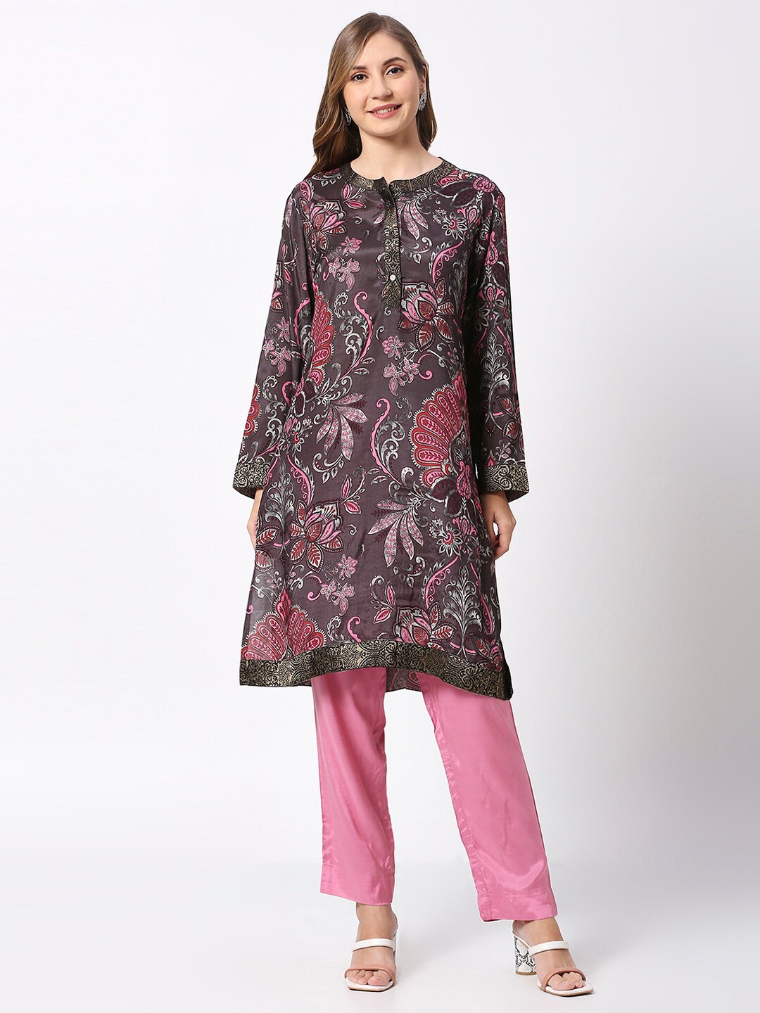 

Cloth Haus India Floral Printed Band Collar A-Line Kurta, Taupe