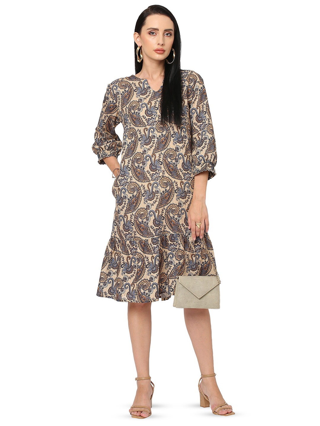 

Cloth Haus India Ethnic Motifs Printed Sequinned Pure Cotton A-Line Ethnic Dress, Beige