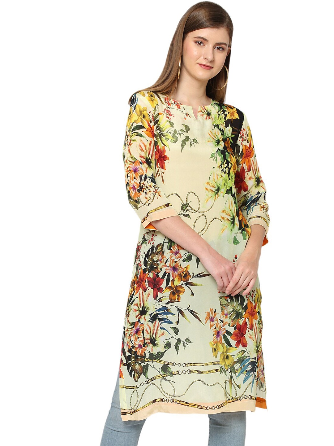 Cloth Haus India Floral Printed Round Neck Straight Kurta, Off white