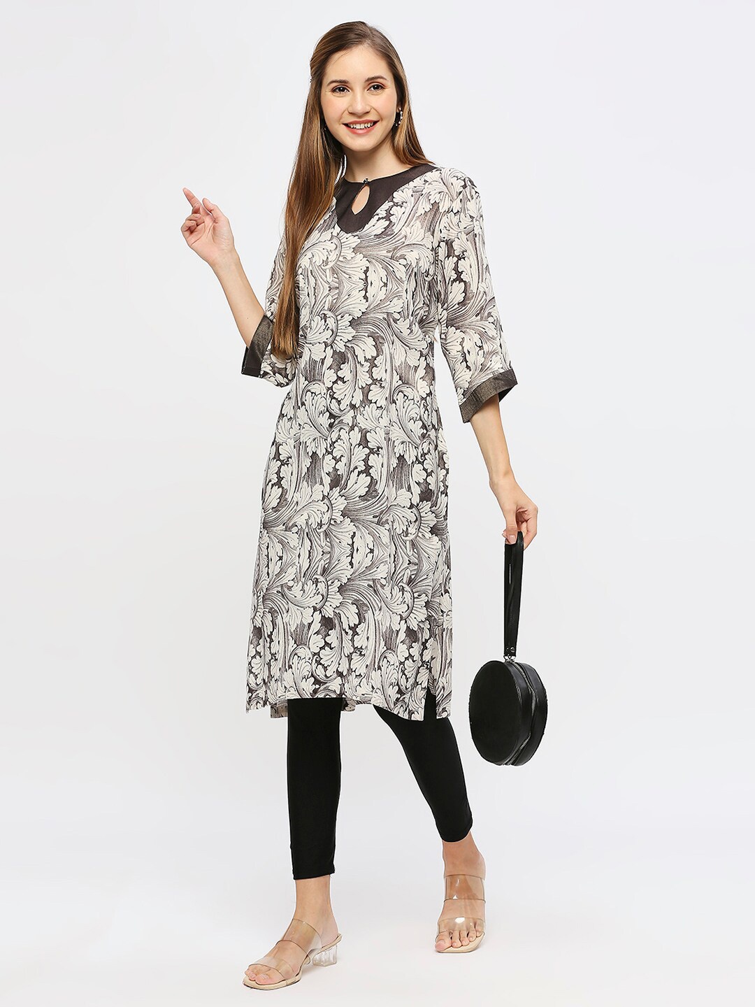 Cloth Haus India Floral Printed Keyhole Neck Straight Kurta, Off white