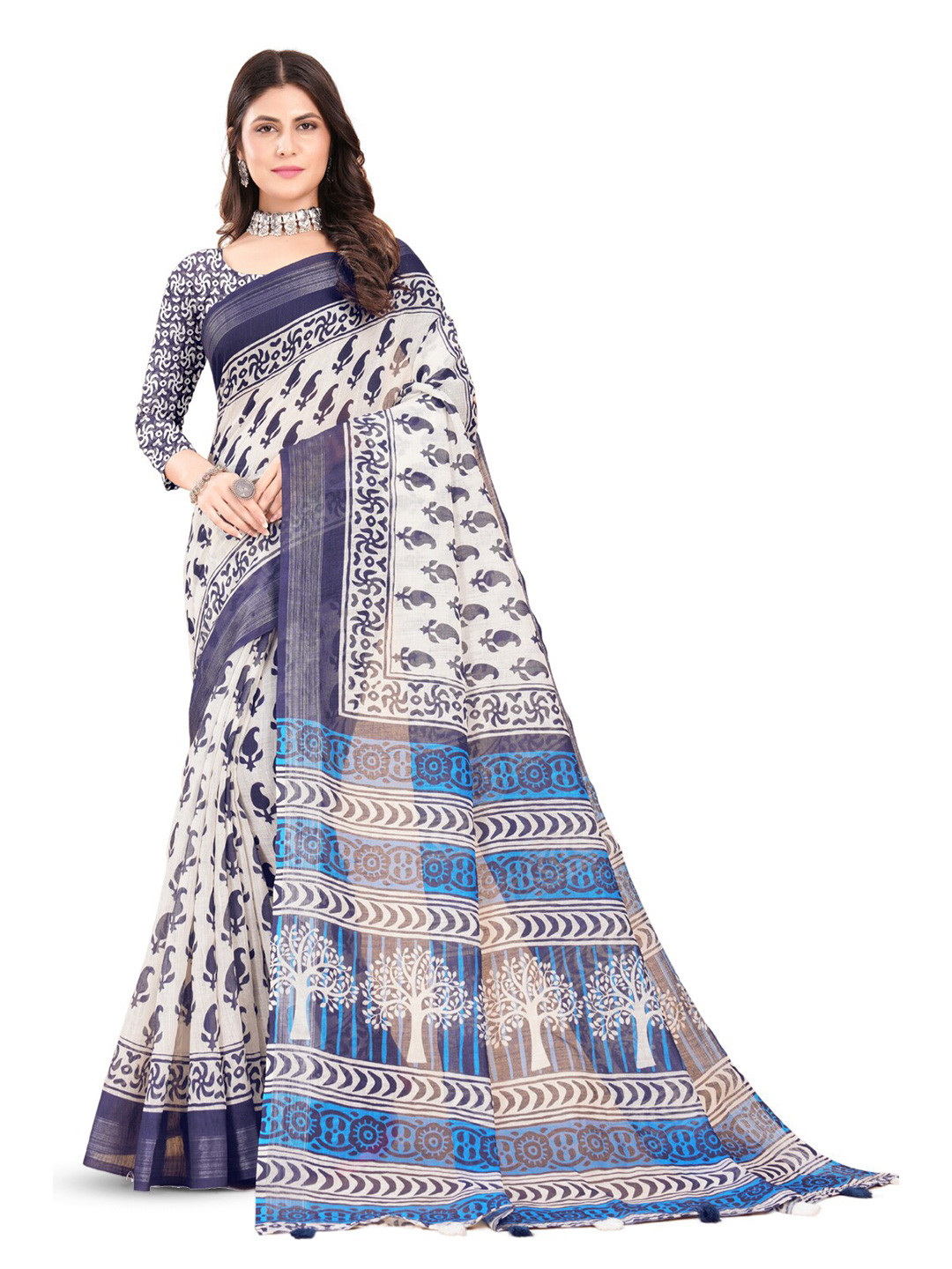

Inithi Floral Printed Zari Saree, White