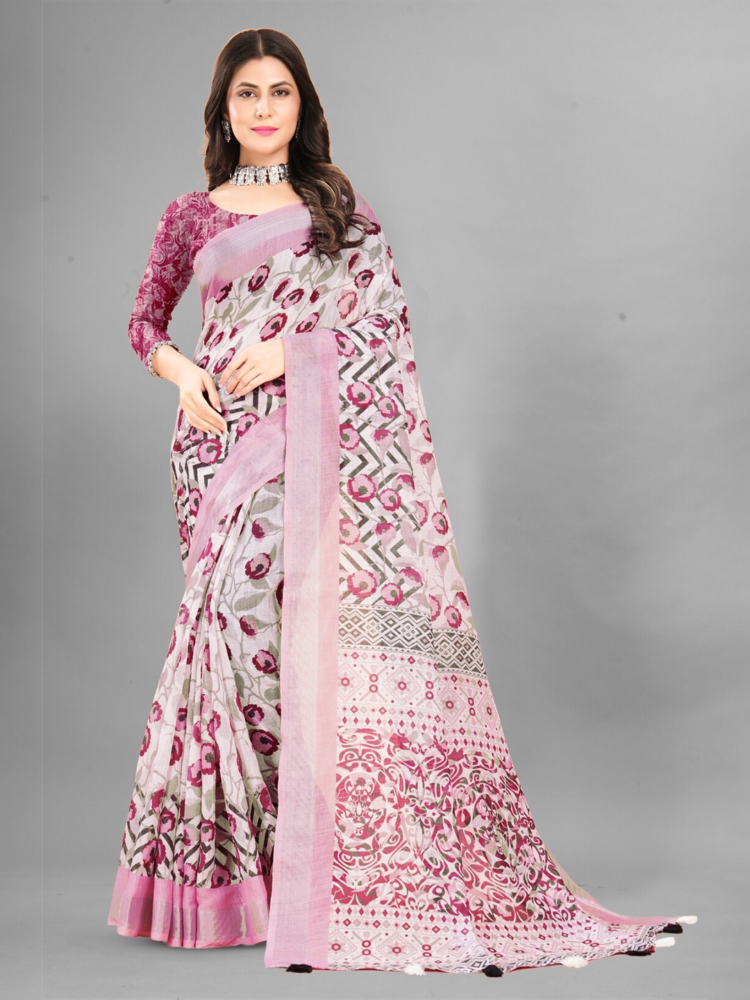 

Inithi Floral Printed Zari Saree, Pink