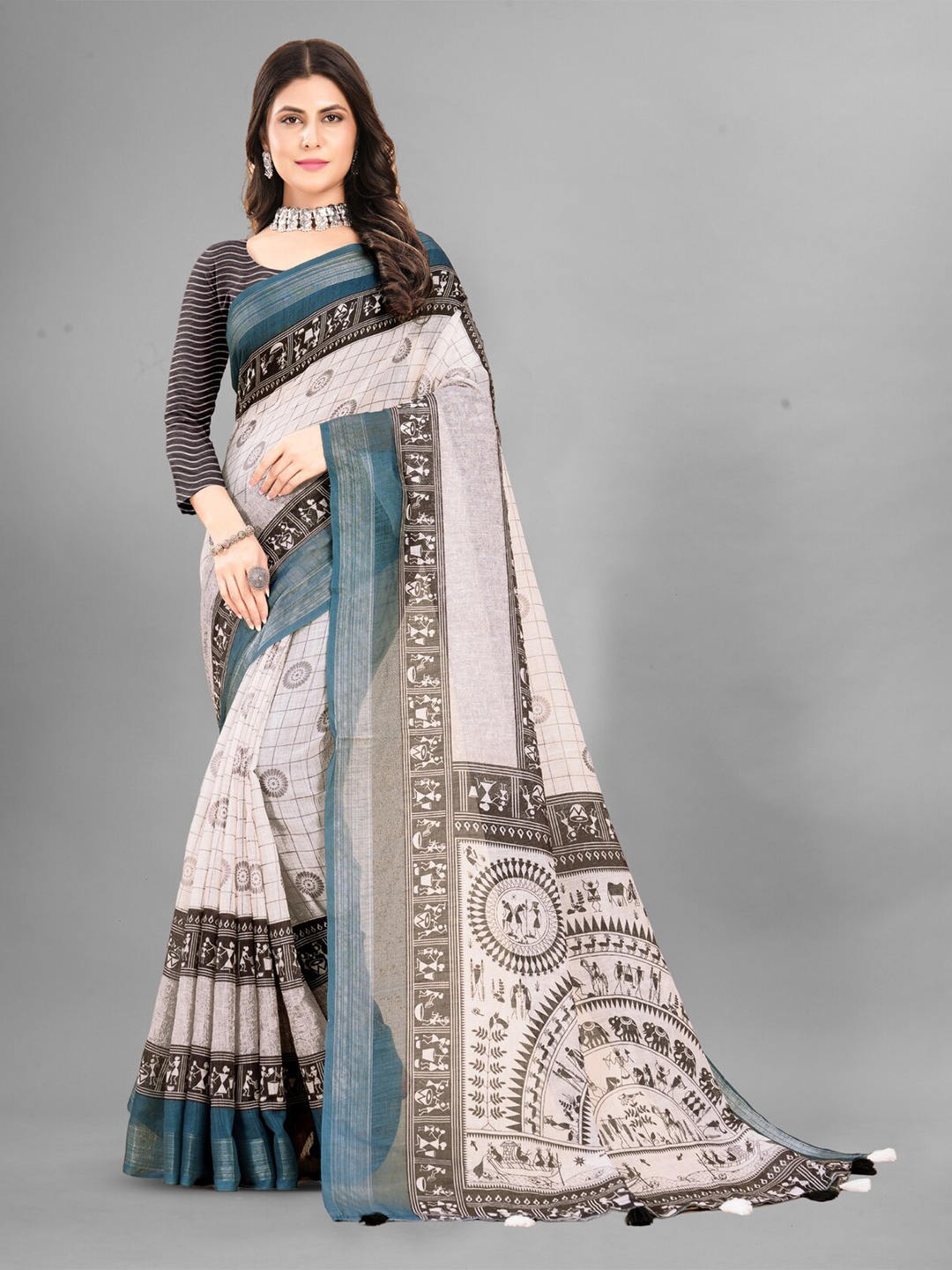 

Inithi Floral Printed Zari Saree, Grey