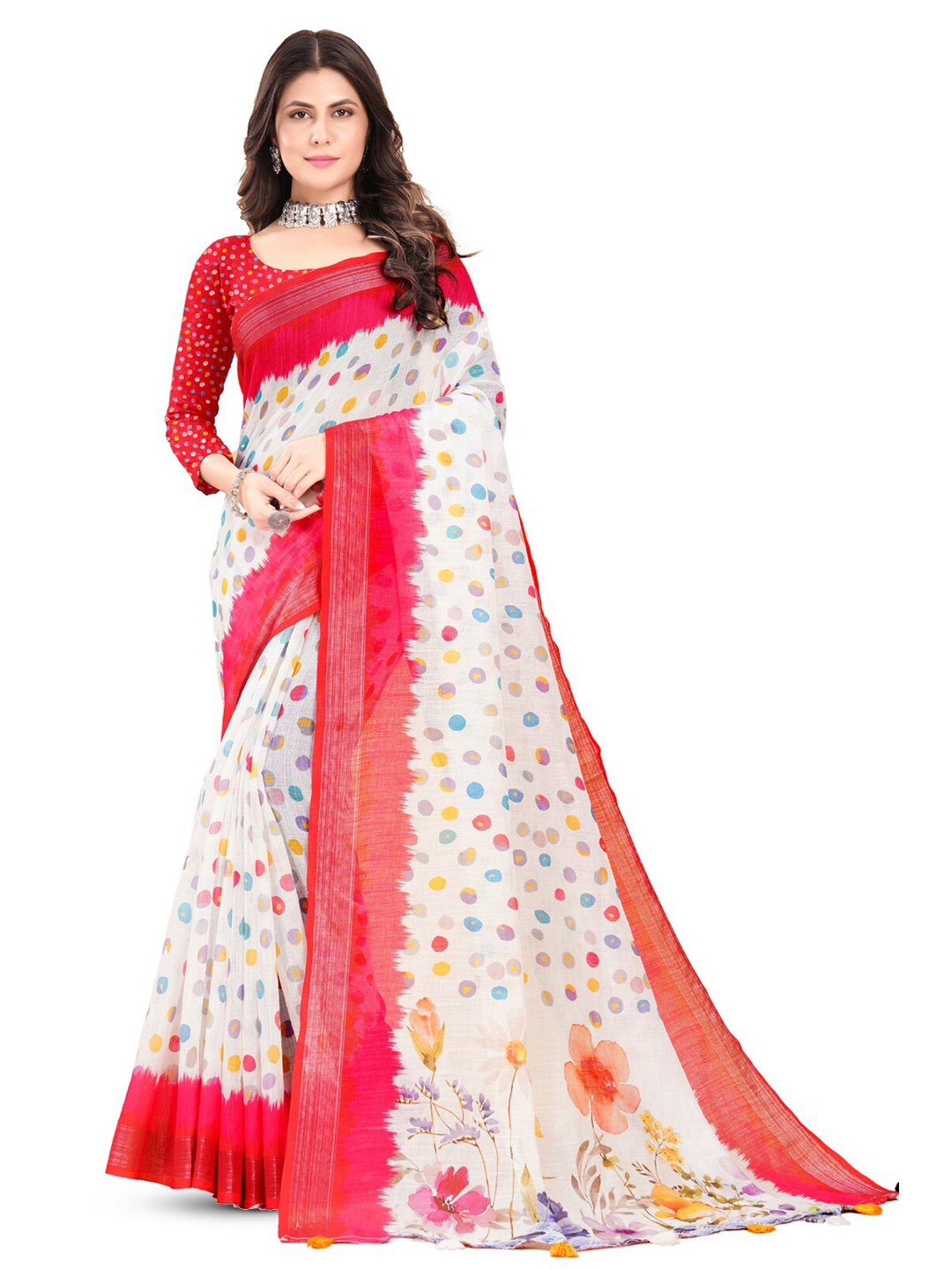 

Inithi Floral Printed Zari Saree, White