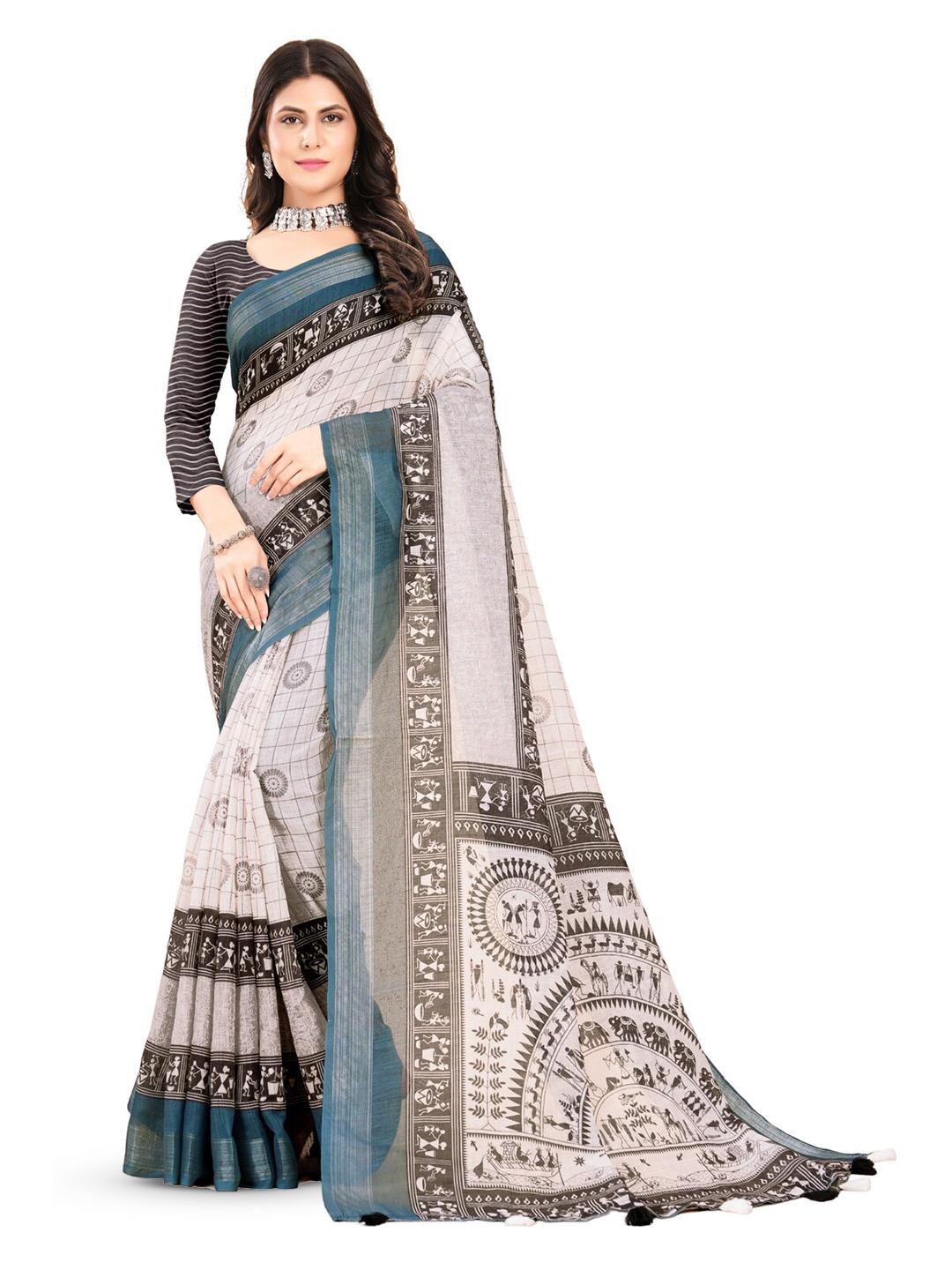 

Inithi Floral Printed Zari Saree, Grey