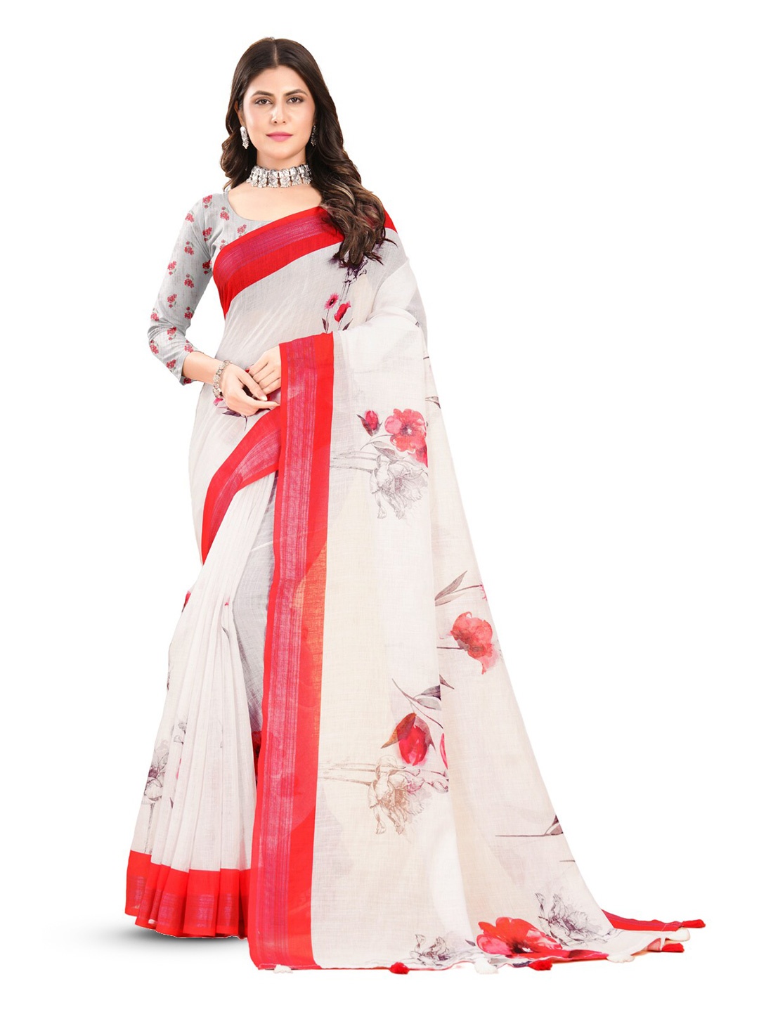 

Inithi Floral Printed Zari Saree, White