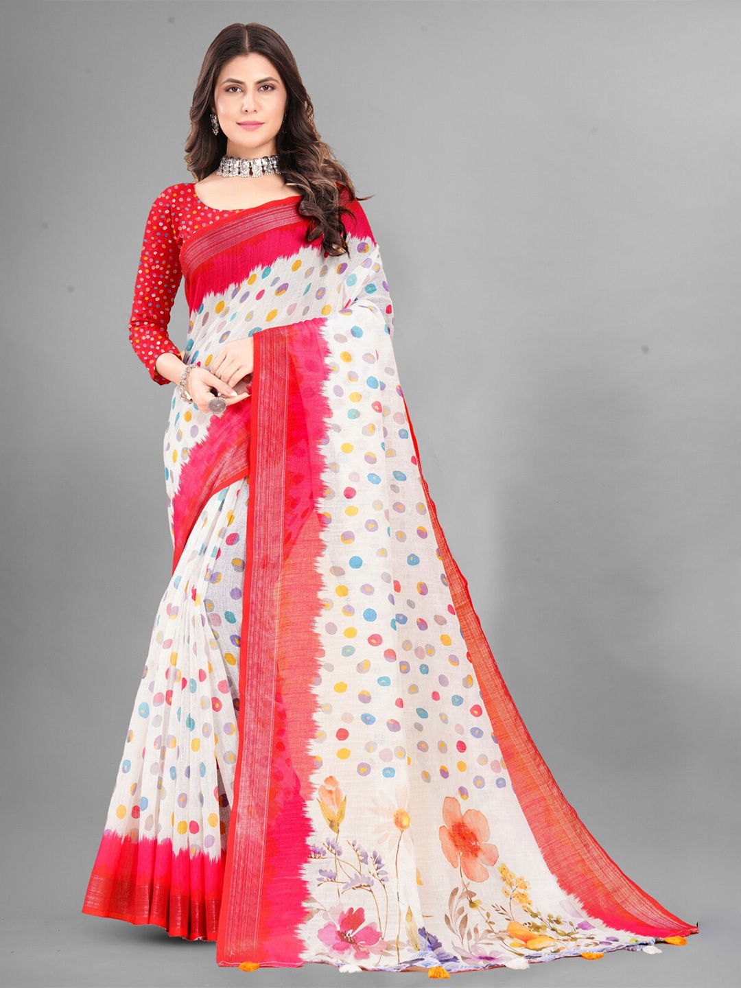 

Inithi Geometric Printed Zari Saree, White