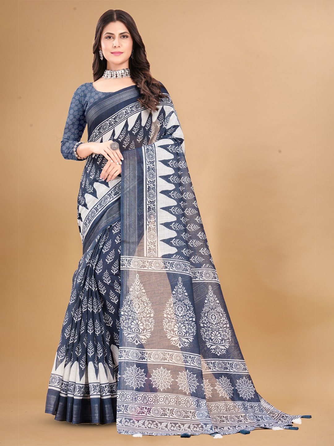 

Inithi Floral Printed Zari Saree, Grey