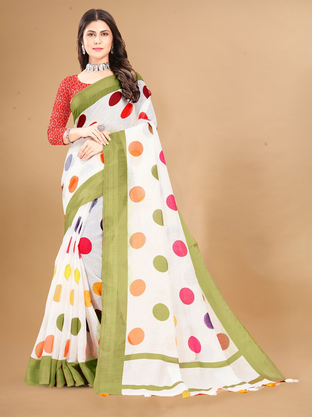 

Inithi Polka Dot Printed Saree, White