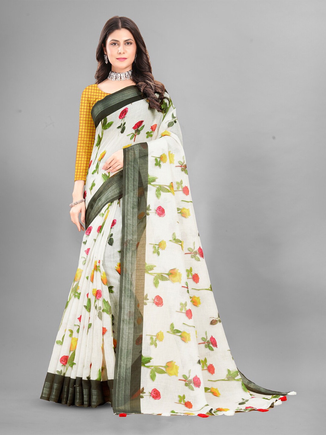 Inithi Floral Printed Zari Saree, White
