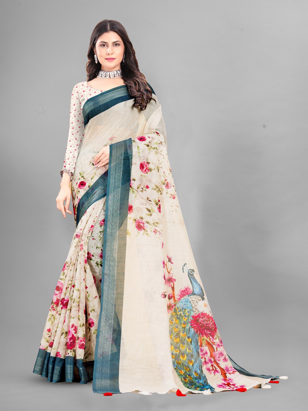 

Inithi Floral Printed Saree, Cream
