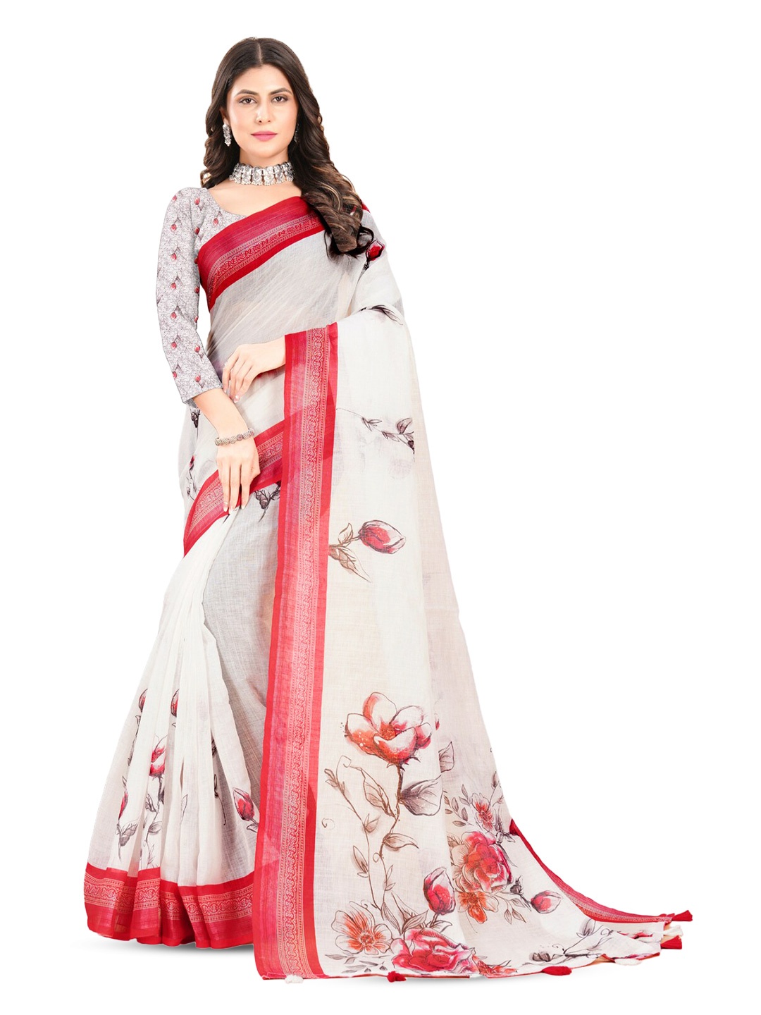 

Inithi Floral Printed Zari Saree, White