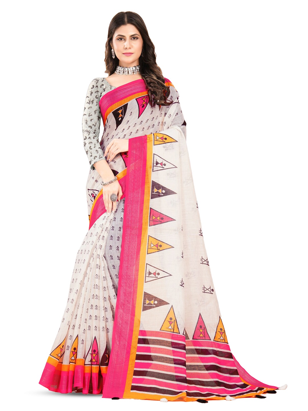 

Inithi Floral Printed Zari Saree, Pink