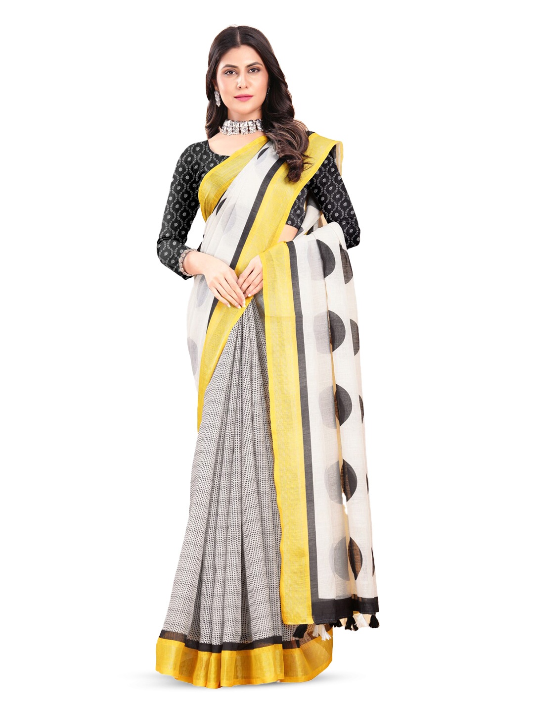 

Inithi Polka Dot Printed Zari Saree, Grey
