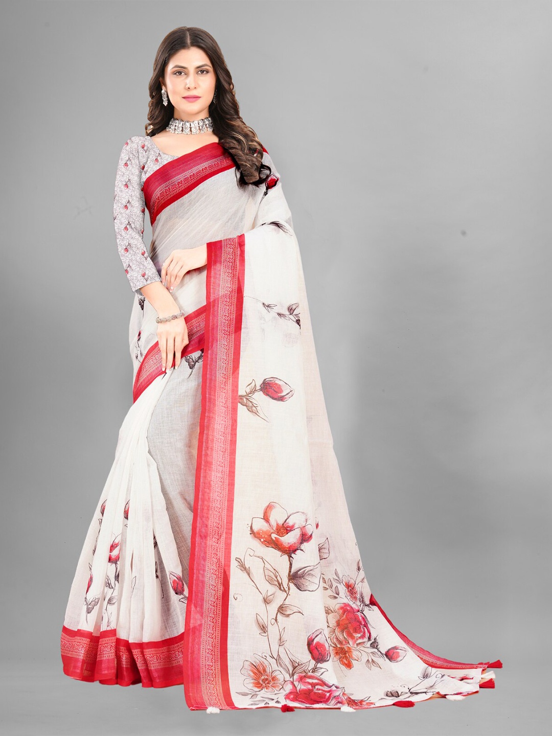 

Inithi Floral Printed Zari Saree, White