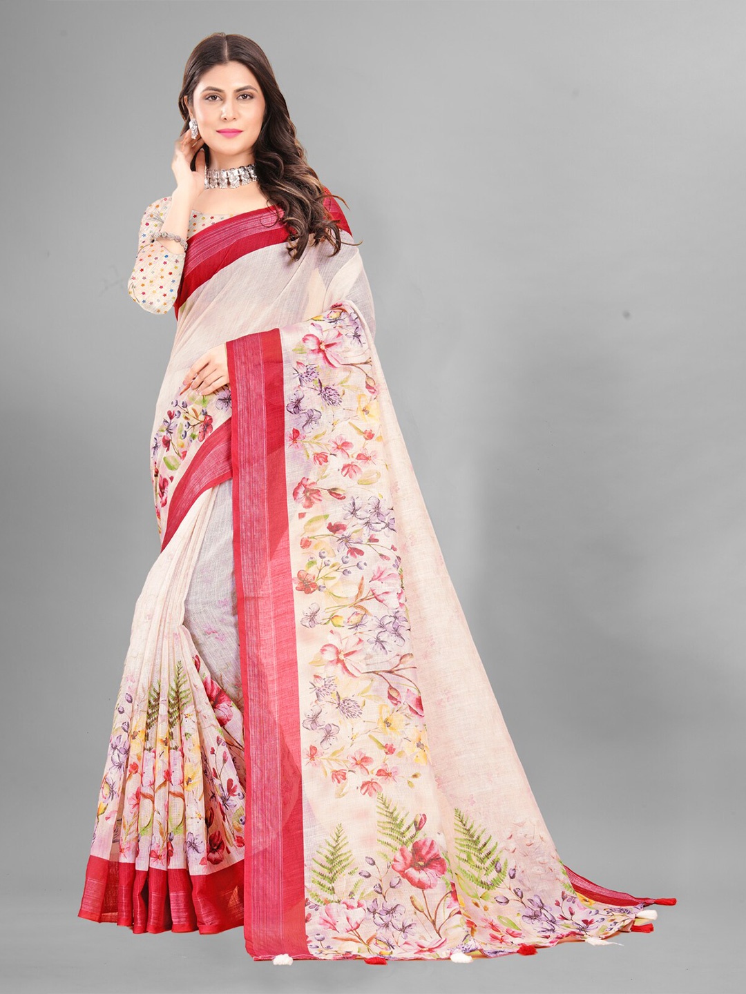 

Inithi Floral Printed Zari Saree, Off white