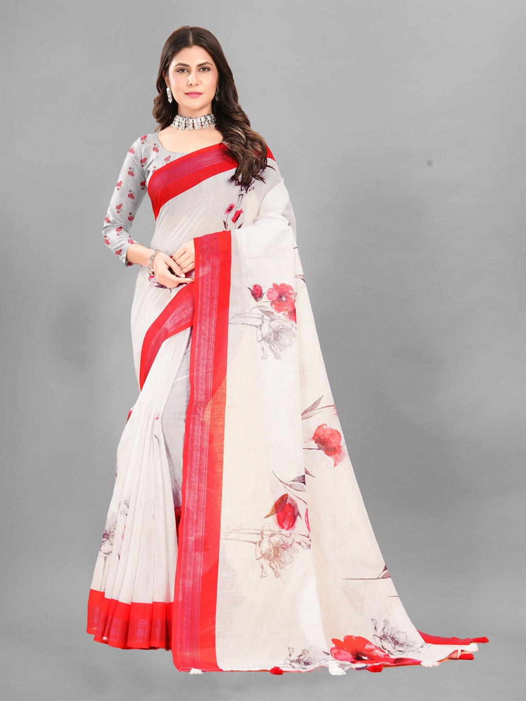 

Inithi Floral Printed Zari Saree, White