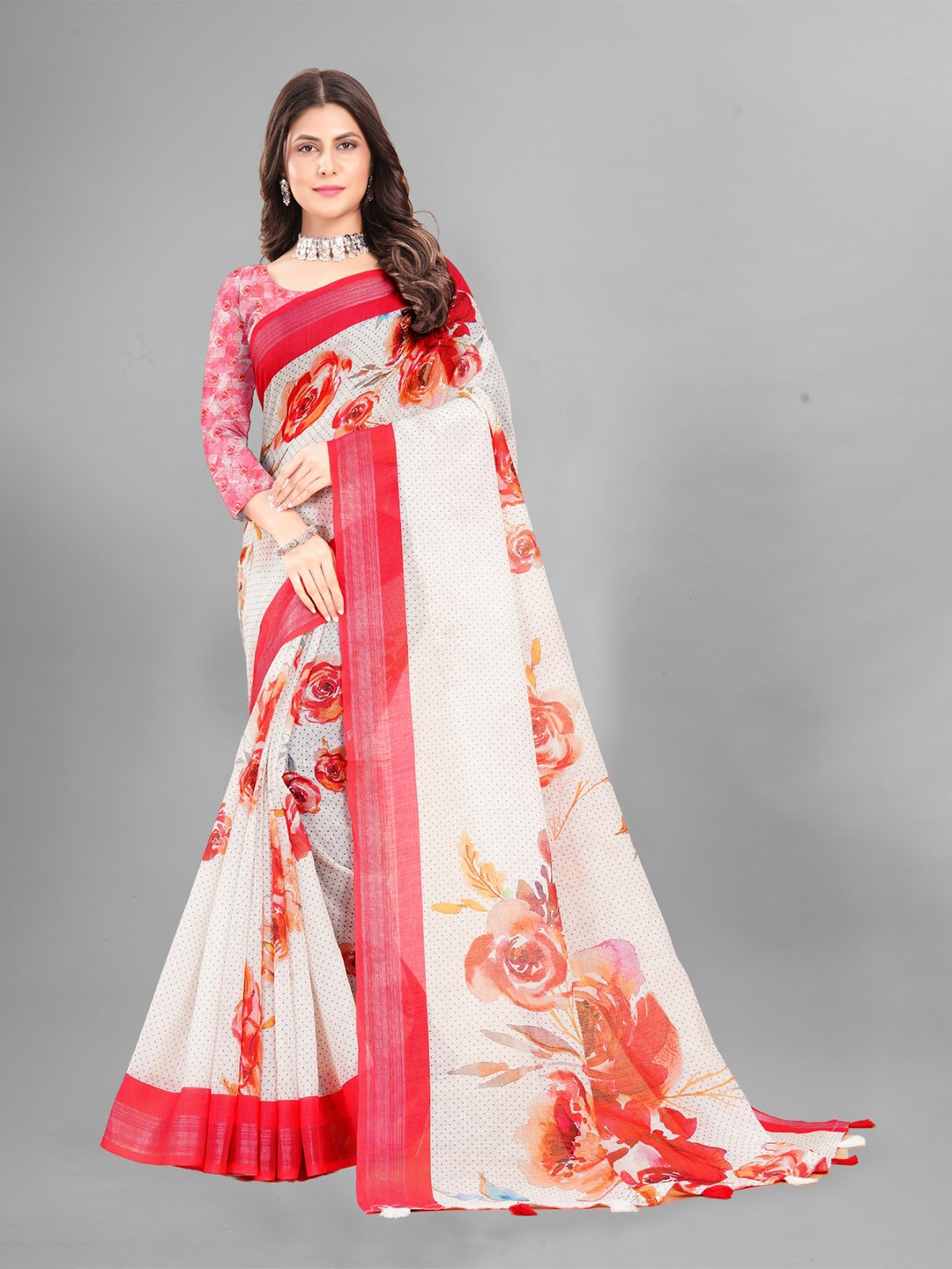 

Inithi Floral Printed Zari Saree, White