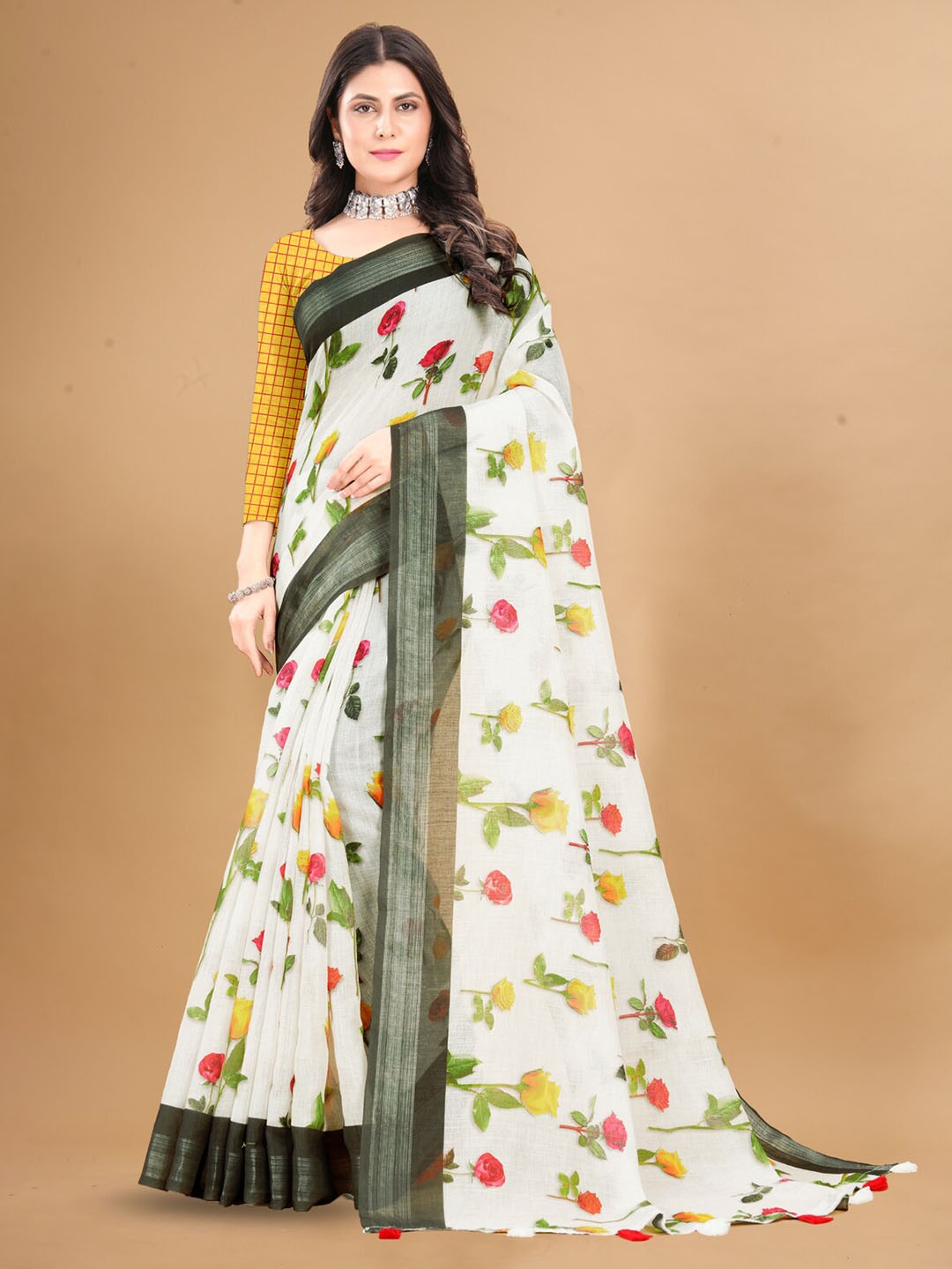 

Inithi Floral Printed Zari Saree, White